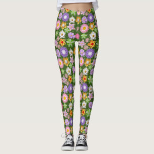 Modern 3D Colourful Floral Pattern 03x4 DGreen BG Leggings