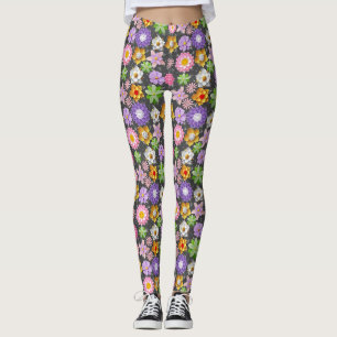 Modern 3D Colourful Floral Pattern 03x4 DGrey BG Leggings