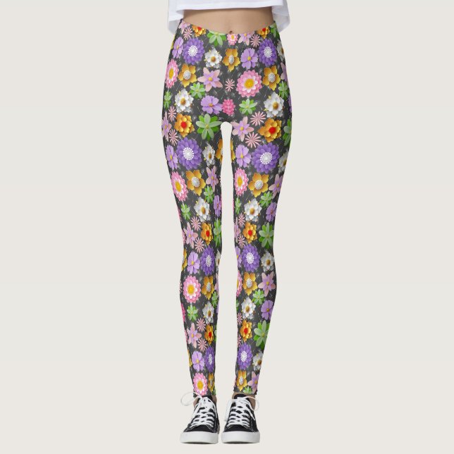 Modern 3D Colourful Floral Pattern 03x4 DGrey BG Leggings (Front)