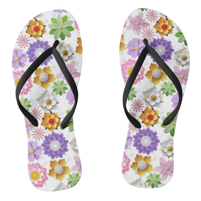 Modern 3D Colourful Floral Pattern 03x4 White BG Flip Flops (Footbed)
