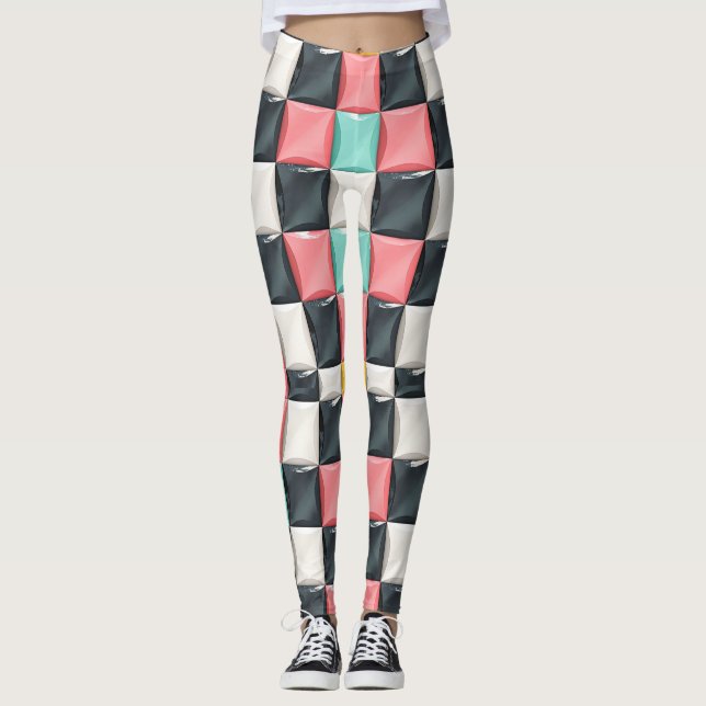 Modern 3D Curved Tile Pattern in Pastel & Charcoal Leggings (Front)