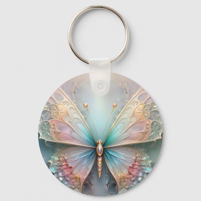 Modern 3D Fractal Pastel Butterfly, Key Ring (Front)