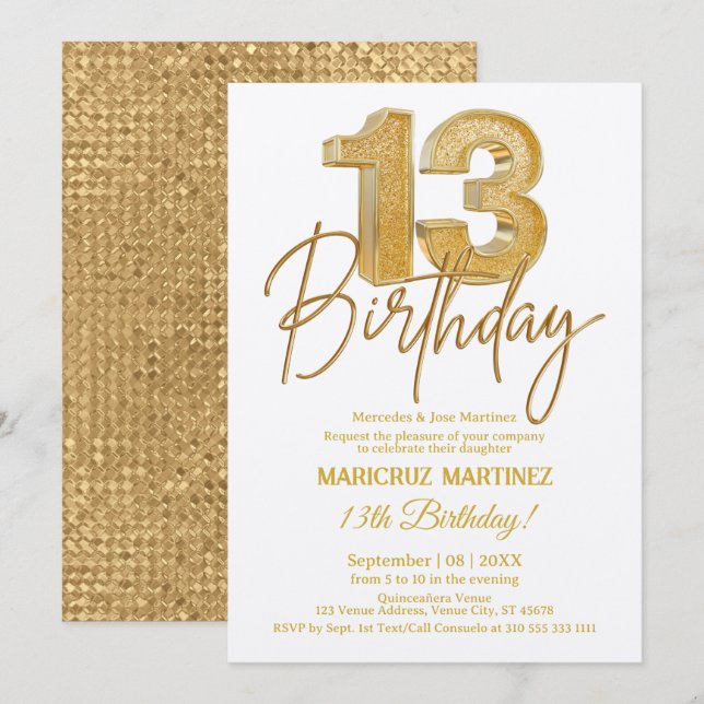 Modern 3D Gold Glitter 13th Birthday Party Invitation (Front/Back)