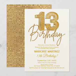 Modern 3D Gold Glitter 13th Birthday Party Invitation