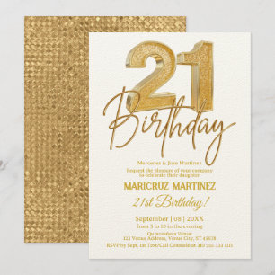 Modern 3D Gold Glitter 21st Birthday Party Invitation