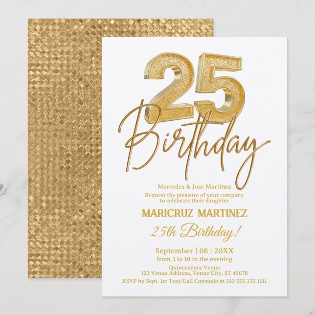Modern 3D Gold Glitter 25th Birthday Party Invitation (Front/Back)