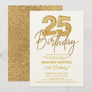 Modern 3D Gold Glitter 25th Birthday Party Invitation