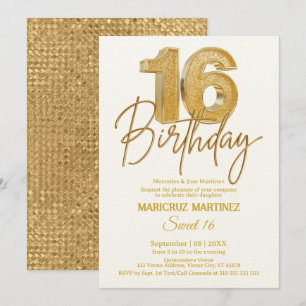 Modern 3D Gold Glitter Sweet 16th Birthday Invitation