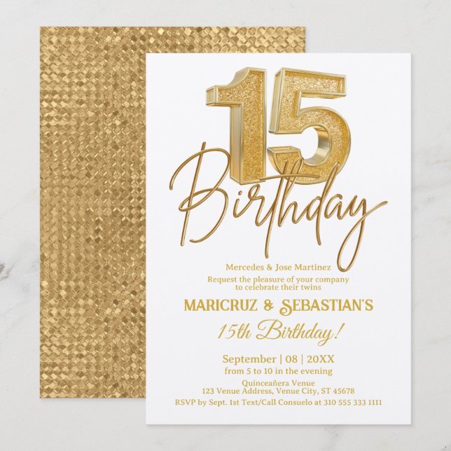 Modern 3D Gold Glitter Twins 15th Birthday Invitation (Front/Back)