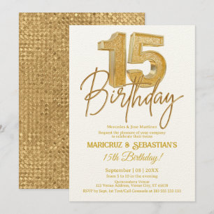 Modern 3D Gold Glitter Twins 15th Birthday Invitation