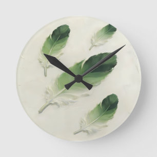 Modern 3D Green Feather Impasto Acrylic Minimalist Round Clock