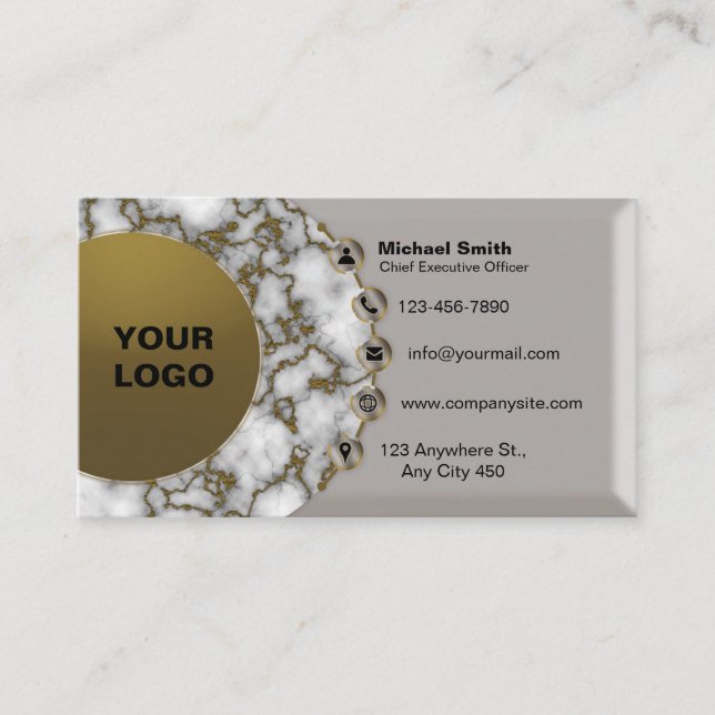 Modern 3D Metallic Faux Marble Silver-Gold Foil Business Card (Front)