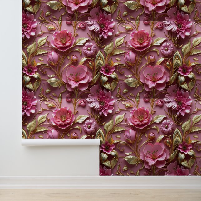 Modern 3D Pink Flower Gold Leaf Peel and Stick Wallpaper (Application)
