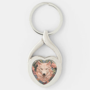 Modern 3d Wolf Floral Peach Key Ring