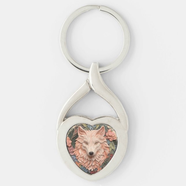 Modern 3d Wolf Floral Peach  Key Ring (Front)