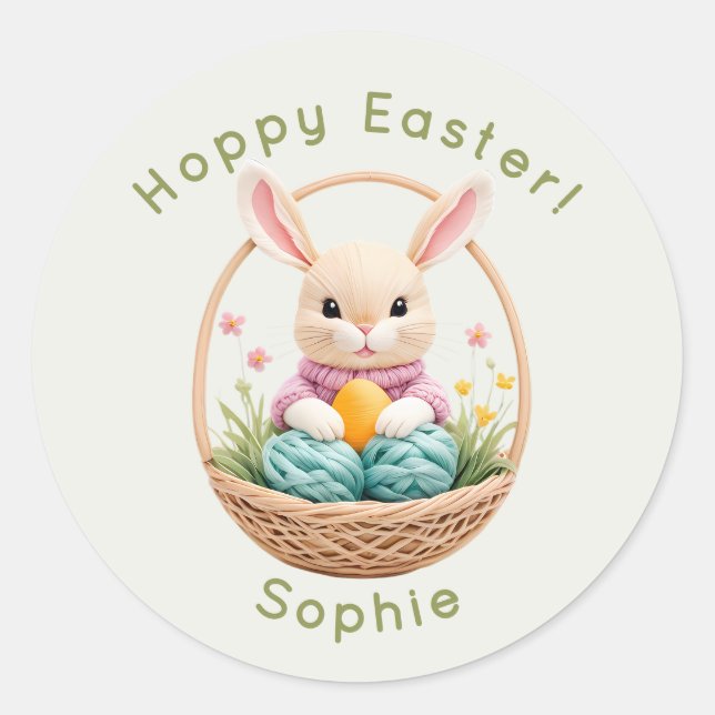 Modern 3D Yarn Art Easter Bunny Personalized Stick Classic Round Sticker (Front)