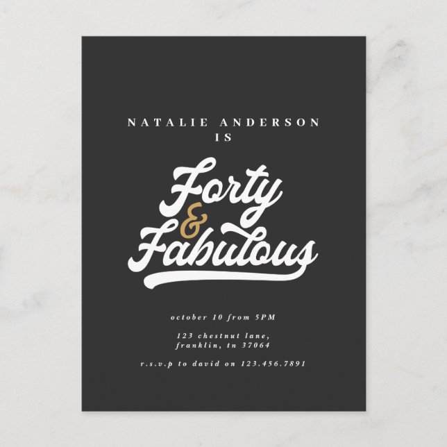 Modern 40 and fabulous black and gold birthday pos postcard (Front)