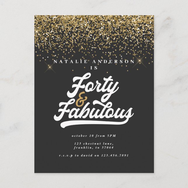 Modern 40 and fabulous black and gold birthday postcard (Front)
