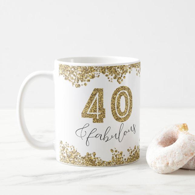 Modern 40 and Fabulous Gold Gitter Personalised Coffee Mug (With Donut)