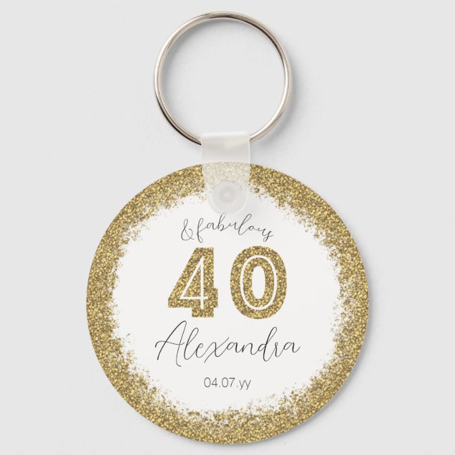 Modern 40 and Fabulous Gold Gitter Personalised Key Ring (Front)