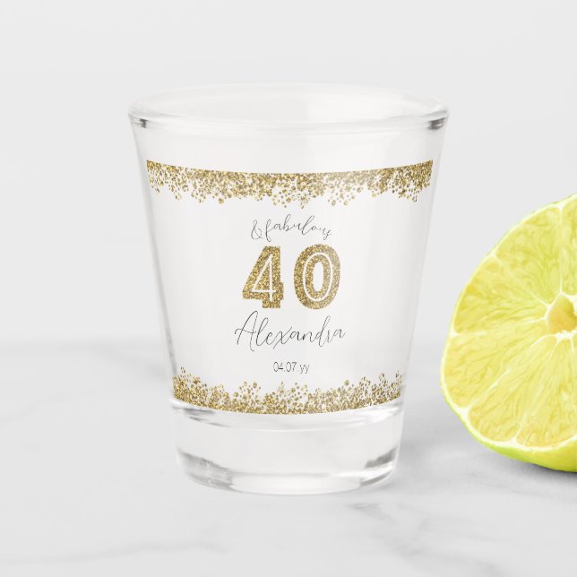 Modern 40 and Fabulous Gold Gitter Personalised Shot Glass (Front)