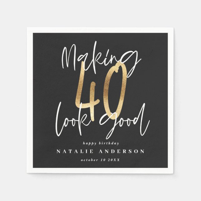 Modern 40 black and gold typography birthday party napkin (Front)