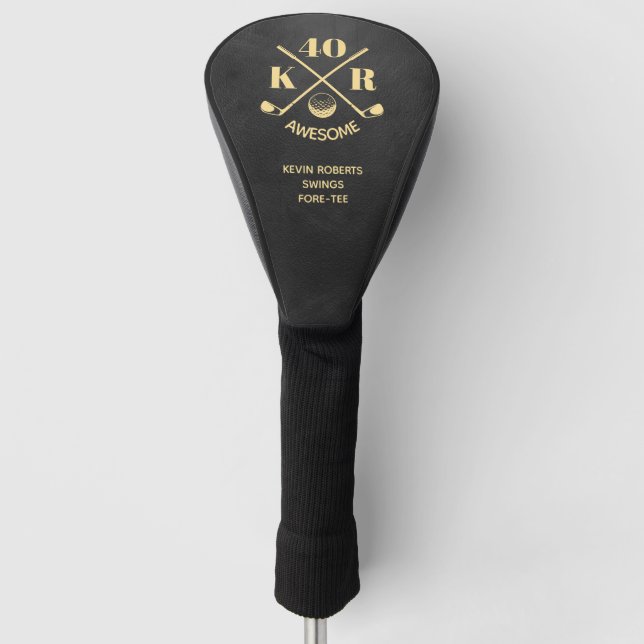 Modern 40th 50 60th Birthday Golf Monogram Black Head Cover (Front)