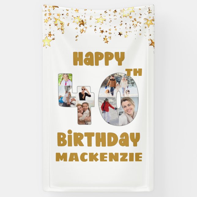 Modern 40th Birthday 7 Photo Collage Numbers Gold Banner (Vertical)