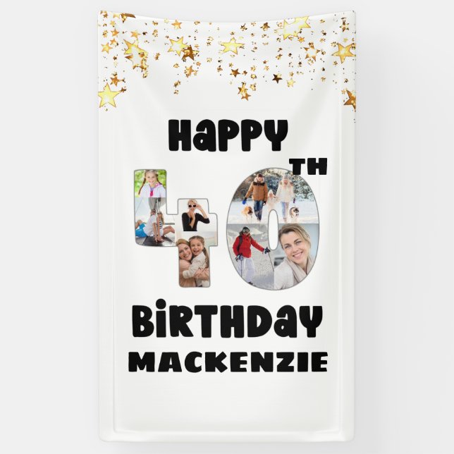 Modern 40th Birthday 7 Photo Collage Numbers Stars Banner (Vertical)