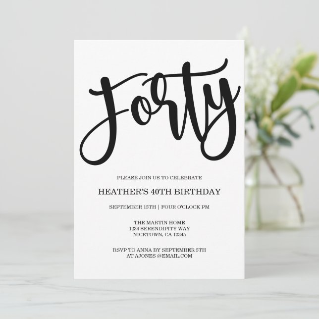 Modern 40th Birthday Black and White  Invitation (Standing Front)