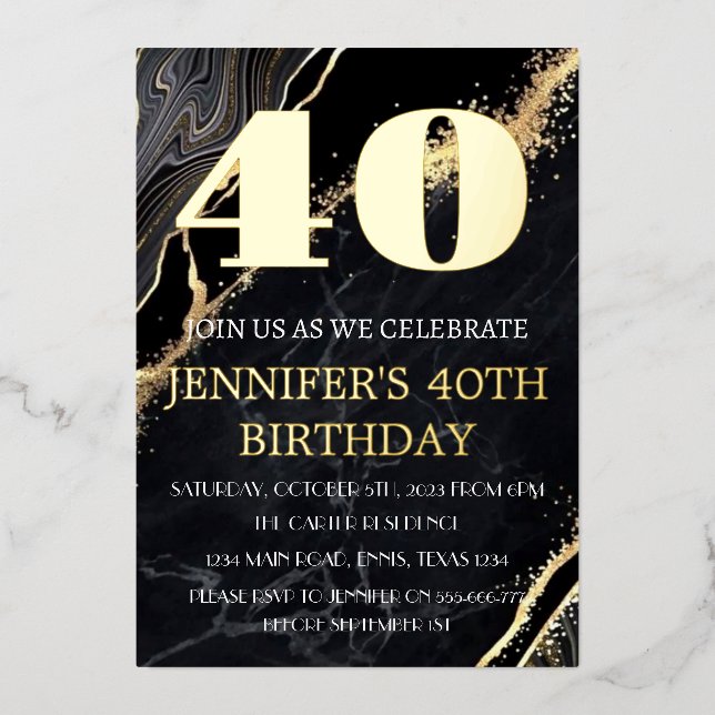 Modern 40th Birthday Black Gold Foil QR Code  (Front)