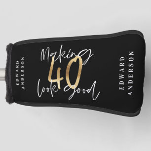 Modern 40th birthday black gold typography golf golf head cover