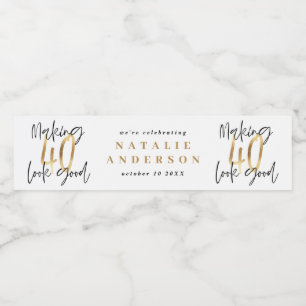 Modern 40th birthday black gold typography water bottle label