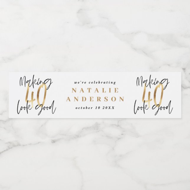 Modern 40th birthday black gold typography water bottle label (Single Label)