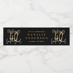 Modern 40th birthday black gold typography water bottle label
