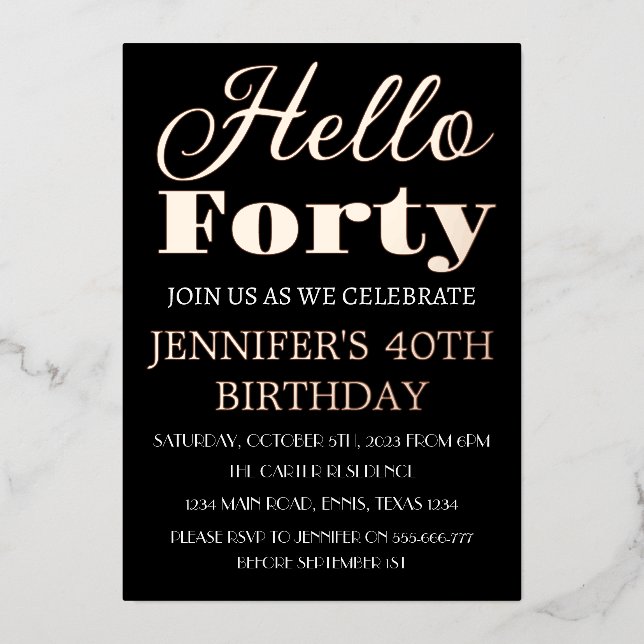 Modern 40th Birthday Black Rose Gold Foil QR Code (Front)