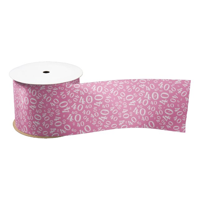 Modern 40th Birthday Number Pattern Pink/White Satin Ribbon (Spool)