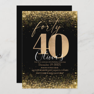 Modern 40th Birthday Party Black Gold Glitter Invitation