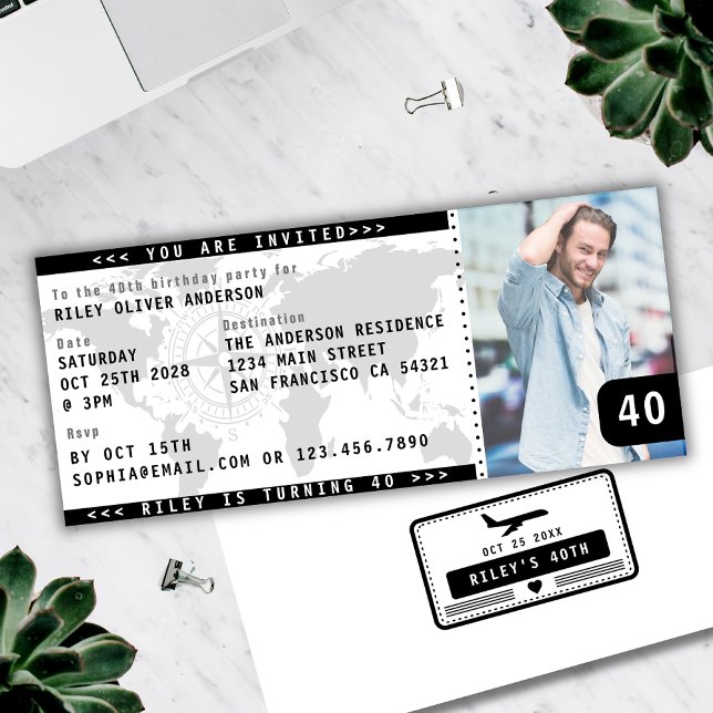 Modern 40th Birthday Party Boarding Ticket Photo Invitation (Creator Uploaded)