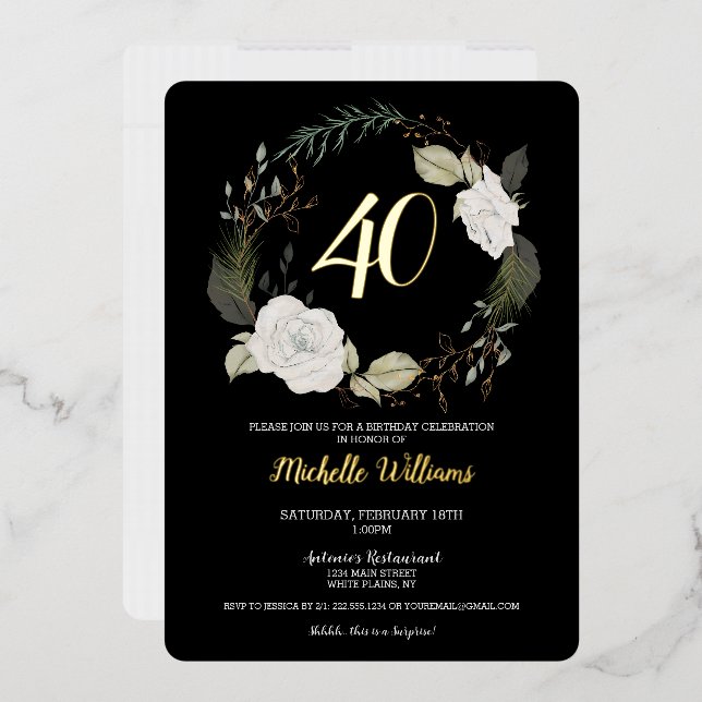 Modern 40th Birthday Party Floral Wreath Gold (Envelope)