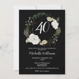 Modern 40th Birthday Party Floral Wreath Gold Invitation