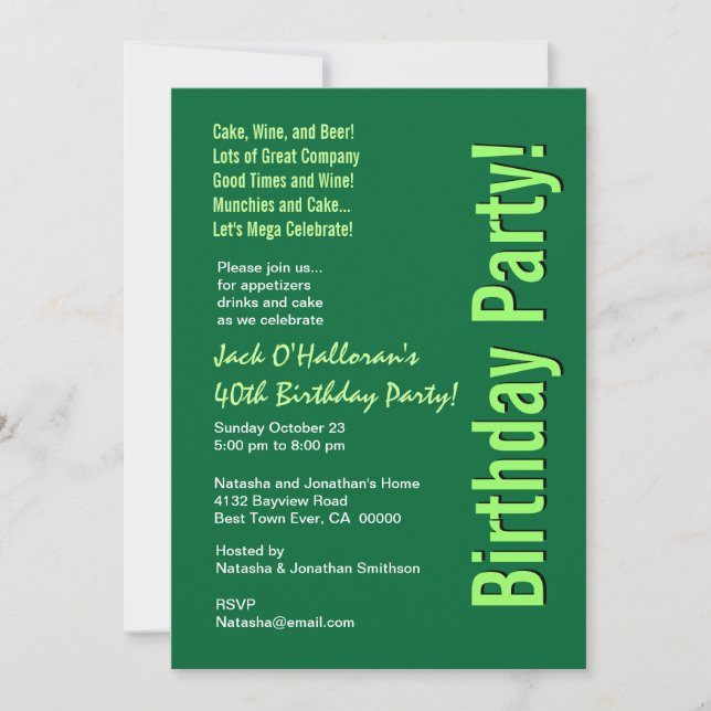 Modern 40th Birthday Party Green Template (Front)