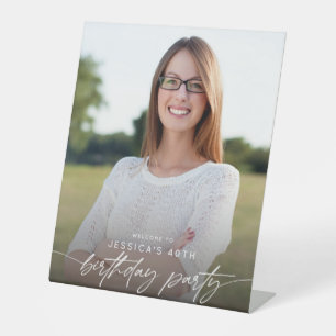 Modern 40th Birthday Party Photo Script Typography Pedestal Sign
