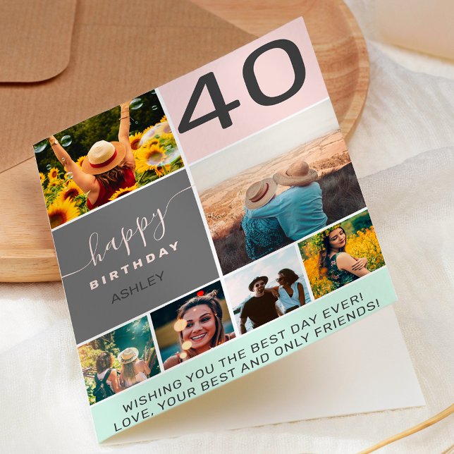 Modern 40th birthday pink 6 photo collage grid card (Creator Uploaded)