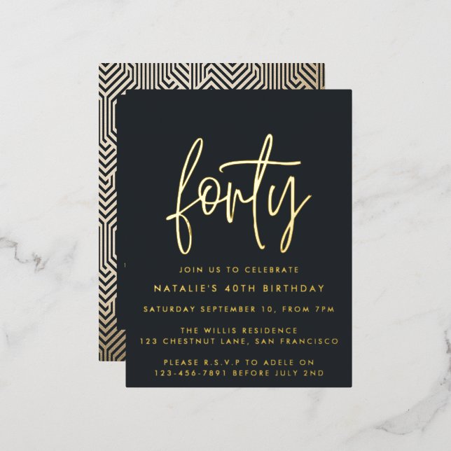 Modern 40th birthday simple stylish elegant foil holiday postcard (Front/Back)