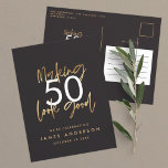 Modern 40th birthday simple stylish elegant script invitation postcard<br><div class="desc">Modern 50th birthday simple stylish elegant gold script & geometric 50th birthday invite. Modern geometric backer pattern. Part of a collection.</div>