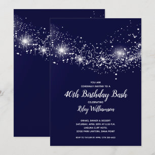 Modern 40th Birthday Stars on Navy Blue Invitation