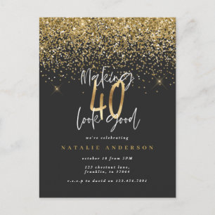 Modern 40th birthday typography glitter gold black postcard