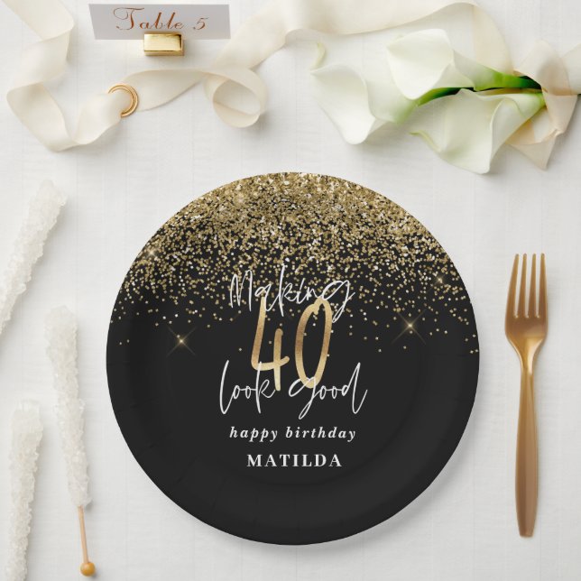 Modern 40th birthday typography gold glitter party paper plate (Wedding)