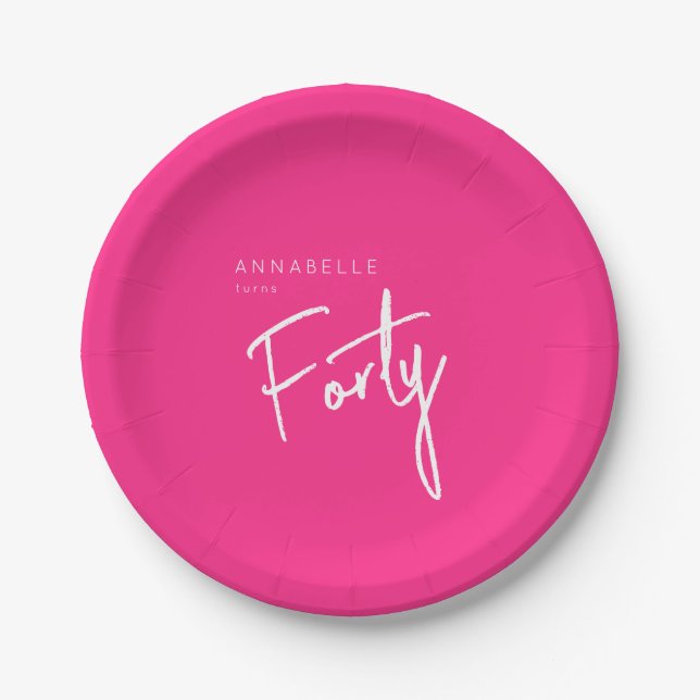 Modern 40th Forty Fortieth birthday Pink Paper Plate (Front)